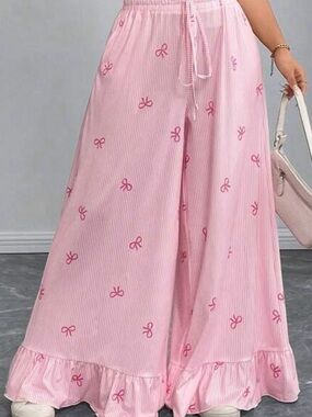 SHEIN 3X Pink Bow Print Wide Leg Pants | Ruffle Hem Lounge Pants | Worn Once